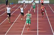 9 August 2014; Luke Morris, Ireland, on his way to winning the Under 16 mixed 4x100m relay in a new national record time of 45.52 seconds for their age group. 2014 Celtic Games, Morton Stadium, Santry Co. Dublin. Picture credit: Cody Glenn/SPORTSFILE