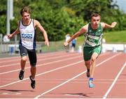 9 August 2014; Christopher O'Donnell, Ireland, right, crosses the finish line ahead of Sandy Wilson, Scotland, to place second and third in the Under 18 Boys 100m event. 2014 Celtic Games, Morton Stadium, Santry, Co. Dublin. Picture credit: Cody Glenn / SPORTSFILE