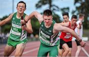 9 August 2014; John Fitzsimons, Ireland, hands off the baton to his teammate Michael Quilligan on the way to winning the Boy's U18 4 x 400m. Celtic Games 2014, Morton Stadium, Santry Co. Dublin. - Picture credit: Cody Glenn / SPORTSFILE
