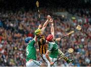 10 August 2014; Richie Power, Kilkenny, in action against Richie McCarthy, left, and Seamus Hickey, Limerick. GAA Hurling All-Ireland Senior Championship, Semi-Final, Kilkenny v Limerick, Croke Park, Dublin. Picture credit: Ramsey Cardy / SPORTSFILE