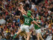 10 August 2014; JJ Delaney and Joey Holden, Kilkenny,  and Limerick players Shane Dowling and Niall Moran all fail to catch the sliothar. GAA Hurling All-Ireland Senior Championship, Semi-Final, Kilkenny v Limerick, Croke Park, Dublin. Picture credit: Ray McManus / SPORTSFILE
