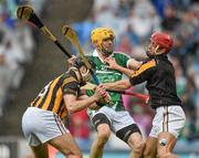 10 August 2014; JJ Delaney and goalkeeper David Herity, Kilkenny, in action against David Breen, Limerick. GAA Hurling All-Ireland Senior Championship, Semi-Final, Kilkenny v Limerick, Croke Park, Dublin. Picture credit: David Maher / SPORTSFILE