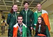 11 August 2014; The Allianz Irish Paralympic Swim team on their return home from the 2014 Paralympic Swimming (IPC) European Championship in Eindhoven, where they won two bronze medals, and recorded six personal best and six season’s best times. Pictured are, back row, from left, Ellen Keane, from Clontarf, Co. Dublin, Laurence McGivern, from Rostrevor, Co. Down and Jonathan McGrath, from Limerick. Front row, James Scully, from Ratoath, Co. Meath and Ailbhe Kelly, from Castleknock, Dublin. 2014 IPC Swimming European Championships Paralympic Swimmers Return from 2014 IPC Swimming European Championships, Dublin Airport, Dublin. Picture credit: Ramsey Cardy / SPORTSFILE