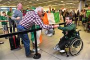 11 August 2014; The Allianz Irish Paralympic Swim team on their return home from the 2014 Paralympic Swimming (IPC) European Championship in Eindhoven, where they won two bronze medals, and recorded six personal best and six season’s best times. Pictured are, double bronze medalist James Scully, from Ratoath, Co. Meath and Christie McGrath, from Limerick. 2014 IPC Swimming European Championships Paralympic Swimmers Return from 2014 IPC Swimming European Championships, Dublin Airport, Dublin. Picture credit: Ramsey Cardy / SPORTSFILE