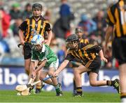 10 August 2014; Diarmuid Kelly, St. Sinneachs N.S., Colehill, Co. Longford, representing Limerick, in action against Cian Warde, Scoil Eanna, Balluan, Loughrea, Co. Galway, representing Kilkenny. INTO/RESPECT Exhibition GoGames, Croke Park, Dublin. Photo by Sportsfile