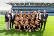 10 August 2014; Uachtarán Chumann Lúthchleas Gael Liam Ó Néill, right, President of the Camogie Association Aileen Lawlor, and INTO President Seán McMahon, with the Kilkenny team, back row, left to right, Senan Rooney, Creevey N.S., Ballyshannon, Co. Donegal, Pádraic Moylan, St. Canice's Co-Ed, Kilkenny city, Co. Kilkenny, Theo Fitzpatrick, Scoil Bríd, Rathdowney, Co. Laois, Jay Buggy, The Heath N.S., Co. Laois, Ciarán Duffy, Scoil Mhuire na mBuachaillí, Castleblayney, Co. Monaghan, front row, Mark Cahill, High Street N.S., Ferbane, Co. Offaly, Aaron McArdle, Dromintee P.S., Kileavy, Co. Armagh, Cian Warde, Scoil Éanna, Bullaun, Loughrea, Co. Galway, Francis Caldwell, St. Mary's, Kilcubbin, Co. Down, Santiago Pompa, Holy Cross N.S., Dundrum, Co. Dublin. INTO/RESPECT Exhibition GoGames, Croke Park, Dublin. Picture credit: Dáire Brennan / SPORTSFILE