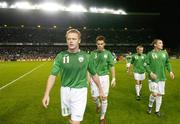 11 October 2006; Republic of Ireland players, left to right, Damien Duff, Steve Finnan, Alan O'Brien and Alan Quinn, walk of the pitch at the end of the game. Euro 2008 Championship Qualifier, Republic of Ireland v Czech Republic, Lansdowne Road, Dublin. Picture credit: David Maher / SPORTSFILE