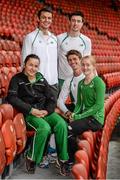 11 August 2014; Ireland athletes, front row, from left, Phil Healy, Declan Murray and Amy Foster with, back row, Thomas Barr, left, and Mark English, right, at the Letzigrund Stadium ahead of tomorrow's start of the European Athletics Championships 2014 in Zurich, Switzerland. Picture credit: Stephen McCarthy / SPORTSFILE