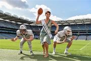 13 August 2014; Philadelphia Rose, Maria Walsh was in Croke Park today to check out the facilities ahead of the Croke Park Classic which takes place on 30th August. The American College football game will see the University of Central Florida (UCF) take on Penn State in what will be an amazing spectacle not to be missed. A full day’s entertainment schedule is planned for all the family featuring parachute jumps, the Penn State marching band, Extreme Rhythm, The Dublin Gospel Choir, cheerleaders, team mascots and the Super 11’s. Tickets including a special August Family Ticket Offer are still available for the event. Pictured at the Connect Ireland event is Philadelphia Rose, Maria Walsh with American Footballers, Chris Kane and Eoin Hallissey, right. Tickets for the Croke Park Classic are on sale through ticketmaster.ie and tickets.ie. For further information visit www.crokeparkclassic.ie Picture credit: Pat Murphy / SPORTSFILE