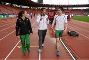 11 August 2014; Ireland athletes, from left, Phil Healy, Thomas Barr and Mark English at the Letzigrund Stadium ahead of tomorrow's start of the European Athletics Championships 2014 in Zurich, Switzerland. Picture credit: Stephen McCarthy / SPORTSFILE