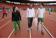 11 August 2014; Ireland athletes, from left, Phil Healy, Thomas Barr and Mark English at the Letzigrund Stadium ahead of tomorrow's start of the European Athletics Championships 2014 in Zurich, Switzerland. Picture credit: Stephen McCarthy / SPORTSFILE