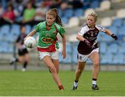 9 August 2014; Sarah Rowe, Mayo, in action against Aileen Martin, Westmeath. TG4 All-Ireland Ladies Football Senior Championship, Round 2 Qualifier, Mayo v Westmeath, Pearse Park, Longford. Picture credit: Oliver McVeigh / SPORTSFILE