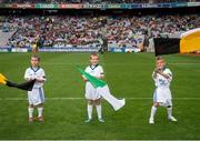 10 August 2014; Etihad flagbearers Evan Campbell, and Fionnan Sweeney, both from Claremorris, Co Mayo, with  Lincoln Walsh, Wexford, at the GAA Hurling All-Ireland Senior Championship, Semi-Final, Kilkenny v Limerick. Croke Park, Dublin. Picture credit: Ray McManus / SPORTSFILE