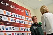 12 August 2014; Ireland's Alison Miller is interviewed by Evanne Ni Chuilinn of RTE television during a press conference ahead of their side's IRB Women's Rugby World Cup 2014 semi-final on Wednesday against England. Ireland Women's Rugby Press Conference, Marcoussis Centre National de Rugby, Marcoussis, France. Picture credit: Brendan Moran / SPORTSFILE