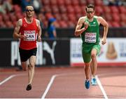 12 August 2014; Ireland's Brian Gregan, right, on his way to finishing third, in a time of 46.33, during his heat of the men's 400m event. Also pictured is Tavuz Can of Turkey. European Athletics Championships 2014 - Day 1. Letzigrund Stadium, Zurich, Switzerland. Picture credit: Stephen McCarthy / SPORTSFILE