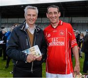 12 August 2014; Trainer Jim Bolger and jockey Davy Russell after the game. Ireland’s GAA and Horse Racing ‘All Stars’ got their hurleys out for cancer research on Tuesday night at Saint Conleth’s Park, Newbridge, Kildare for a celebrity hurling match in aid of the Irish Cancer Society to raise money for cancer research. The event, which was organised by horseracing legend Jim Bolger, along with champion jockey Davy Russell, saw a host of Irish hurling and horse racing stars come together for a fantastic game, which also boasted celebrity referees, lineswomen and umpires - who included DJ Carey, Katie and Ted Walsh, and Cyril Farrell - to name but a few. Irish Cancer Society's Hurling for Cancer Research 2014, Jim Bolger's Stars v Davy Russell's Best, St. Conleth’s Park, Newbridge, Co. Kildare. Irish Cancer Society's Hurling for Cancer Research 2014, Jim Bolger's Stars v Davy Russell's Best, St. Conleth’s Park, Newbridge, Co. Kildare. Picture credit: Barry Cregg / SPORTSFILE