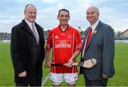 12 August 2014; Jockey Davy Russell, centre, with Mark Mellett, left, Head of Fundraising ICS, and John McCormack, CEO ICS, after the game. Ireland’s GAA and Horse Racing ‘All Stars’ got their hurleys out for cancer research on Tuesday night at Saint Conleth’s Park, Newbridge, Kildare for a celebrity hurling match in aid of the Irish Cancer Society to raise money for cancer research. The event, which was organised by horseracing legend Jim Bolger, along with champion jockey Davy Russell, saw a host of Irish hurling and horse racing stars come together for a fantastic game, which also boasted celebrity referees, lineswomen and umpires - who included DJ Carey, Katie and Ted Walsh, and Cyril Farrell - to name but a few. Irish Cancer Society's Hurling for Cancer Research 2014, Jim Bolger's Stars v Davy Russell's Best, St. Conleth’s Park, Newbridge, Co. Kildare. Irish Cancer Society's Hurling for Cancer Research 2014, Jim Bolger's Stars v Davy Russell's Best, St. Conleth’s Park, Newbridge, Co. Kildare. Picture credit: Barry Cregg / SPORTSFILE