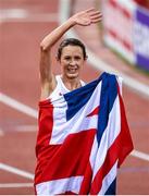 12 August 2014; Jo Pavey of Great Britain celebrates after winning the final of the women's 10,000m event, with a time of 32:22.39. European Athletics Championships 2014 - Day 1. Letzigrund Stadium, Zurich, Switzerland. Picture credit: Stephen McCarthy / SPORTSFILE