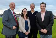 12 August 2014; Micheal O Muircheartaigh with John McCormack, left, CEO ICS, Sinead Walsh, second left, Acting Head of Research ICS, and Anthony Kearns, right, after the game. Ireland’s GAA and Horse Racing ‘All Stars’ got their hurleys out for cancer research on Tuesday night at Saint Conleth’s Park, Newbridge, Kildare for a celebrity hurling match in aid of the Irish Cancer Society to raise money for cancer research. The event, which was organised by horseracing legend Jim Bolger, along with champion jockey Davy Russell, saw a host of Irish hurling and horse racing stars come together for a fantastic game, which also boasted celebrity referees, lineswomen and umpires - who included DJ Carey, Katie and Ted Walsh, and Cyril Farrell - to name but a few. Irish Cancer Society's Hurling for Cancer Research 2014, Jim Bolger's Stars v Davy Russell's Best, St. Conleth’s Park, Newbridge, Co. Kildare. Irish Cancer Society's Hurling for Cancer Research 2014, Jim Bolger's Stars v Davy Russell's Best, St. Conleth’s Park, Newbridge, Co. Kildare. Picture credit: Barry Cregg / SPORTSFILE