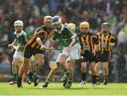 10 August 2014; Kevin Kenneally, Kilmovee N.S., Ballaghderreen, Co. Mayo, representing Limerick, in action against Jay Buggy, The Heath N.S., Co. Laois, representing Kilkenny. INTO/RESPECT Exhibition GoGames, Croke Park, Dublin. Picture credit: Ray McManus / SPORTSFILE