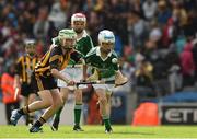 10 August 2014; Diarmuid Kelly, St. Sinneach's N.S., Colehill, Co. Longford, representing Limerick, in action against Senan Rooney, Creevey N.S., Ballyshannon, Co. Donegal, representing Kilkenny. INTO/RESPECT Exhibition GoGames, Croke Park, Dublin. Picture credit: Ray McManus / SPORTSFILE