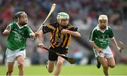 10 August 2014; Senan Rooney, Creevey N.S., Ballyshannon, Co. Donegal, representing Kilkenny, in action against Sam Cromolly, right, St. Patrick's, Bruree, Co. Limerick, and Seán Woods, St. Corban's B.N.S., Naas, Co. Kildare, representing Limerick. INTO/RESPECT Exhibition GoGames, Croke Park, Dublin. Picture credit: Ray McManus / SPORTSFILE