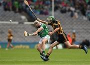 10 August 2014; Sam Cronolly, St. Patrick's, Bruree, Co. Limerick, representing Limerick, in action against Senan Rooney, Creevey N.S., Ballyshannon, Co. Donegal, representing Kilkenny. INTO/RESPECT Exhibition GoGames, Croke Park, Dublin. Picture credit: Ray McManus / SPORTSFILE