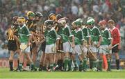 10 August 2014; Kilkenny and Limerick players shake hands before the game. INTO/RESPECT Exhibition GoGames, Croke Park, Dublin. Picture credit: Ray McManus / SPORTSFILE