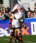 21 October 2006; Issac Boss celebrates Ulster's second try with team-mates David Humphreys and Paul Steinmetz. Heineken Cup 2006-2007, Pool 5, Round 1, Ulster v Toulouse, Ravenhill Park, Belfast. Picture credit: Oliver McVeigh / SPORTSFILE