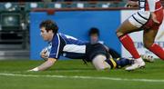 21 October 2006; Gordon D'Arcy, Leinster, goes over for his try against Gloucester Rugby. Heineken Cup 2006-2007, Pool 2, Round 1, Leinster v Gloucester Rugby, Lansdowne Road, Dublin. Picture credit: Matt Browne / SPORTSFILE