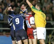 21 October 2006; Shane Horgan, Leinster, celebrates his try against Gloucester Rugby with team-mates Cillian Willis, 9, and Brian O'Driscoll. Heineken Cup 2006-2007, Pool 2, Round 1, Leinster v Gloucester Rugby, Lansdowne Road, Dublin. Picture credit: Matt Browne / SPORTSFILE