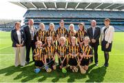 10 August 2014; Uachtarán Chumann Lúthchleas Gael Liam Ó Néill, right, President of the Camogie Association Aileen Lawlor, and INTO President Seán McMahon, with theKilkenny team, back row, left to right, Laura Doran, Craanford N.S., Co. Wexford, Ava Moore, Ballyforan N.S., Co. Roscommon, Aoife Meagher, St. Pius X G.N.S., Terenure, Co. Dublin, Ciara Boylan, St. Patrick's N.S., Kilnaleck, Co. Cavan, Caoimhe O'Sullivan, Scoil na gCailíní, Castleblayney, Co. Monaghan, front row, left to right, Jessica Potterton, Kildalkey N.S., Co. Meath, Cara McKeever, Scoil Mhuire na Gael, Dundalk, Co. Louth, Reagan Fay, Derrylatinee P.S., Dungannon, Co. Tyrone, Róisín McHugh, Naomh Fharannain, Easkey, Co. Sligo, Niamh Costello, St. Brendan's N.S., Portumna, Co. Galway. INTO/RESPECT Exhibition GoGames, Croke Park, Dublin. Picture credit: Dáire Brennan / SPORTSFILE