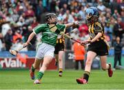 10 August 2014; Áine Behan, Myshall N.S, Cavan, representing Limerick, in action against Caoimhe O'Sullivan, Scoil na gCailini, Monaghan, representing Kilkenny. INTO/RESPECT Exhibition GoGames, Croke Park, Dublin. Picture credit: Ramsey Cardy / SPORTSFILE