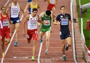 13 August 2014; Ireland's Mark English, centre, crosses the line to qualify for the final following the men's 800m semi-final event alongside Artur Kuciapski, left, Poland and Pierre-Ambroise Bosse, France. European Athletics Championships 2014 - Day 2. Letzigrund Stadium, Zurich, Switzerland. Picture credit: Stephen McCarthy / SPORTSFILE