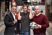 14 August 2014; This weekend Newstalk kicks off its 11th season of live Barclays Premier League Commentary with the Champions Manchester City's trip to Newcastle United on Sunday 17th of August at 4pm. Football stars John Hartson and Owen Coyle were in Marconi House to help launch the season, ahead of their live Off the Ball appearance in Galway this evening. Newstalk's team of analysts continues to strenghten with former Ireland internationals Keith Andrews, Kevin Kilbane, Steven Reid, Kenny Cunningham, Ray Houghton, Stephen Hunt, Owen Coyle and John Anderson anchoring the coverage alongside Off the Ball's commentators Dave McIntyre and Nathan Murphy. Pictured at the launch are, from left, Owen Coyle, Kevin Kilbane and John Hartson. Marconi House, Dublin. Picture credit: Pat Murphy / SPORTSFILE