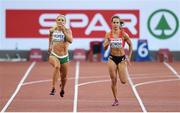 14 August 2014; Ireland's Kelly Proper, left, during her semi-final of the women's 200m event where she finished 5th in a time of 23.15. Also pictured is Inna Eftimova of Bulgaria. European Athletics Championships 2014 - Day 3. Letzigrund Stadium, Zurich, Switzerland. Picture credit: Stephen McCarthy / SPORTSFILE