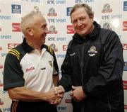 27 October 2006; The Irish and Australian managers Seán Boylan and Kevin Sheedy greet each other after the press conference ahead of the Coca-Cola International Rules Series 1st Test between Ireland and Australia. Ardilaun House Hotel, Galway. Picture credit: Ray McManus / SPORTSFILE