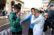 15 August 2014; Ireland's Robert Heffernan with Colin Griffin, left, and Paquillo Fernández, centre, after dropping out of the men's 50k walk final. European Athletics Championships 2014 - Day 4. Zurich, Switzerland. Picture credit: Stephen McCarthy / SPORTSFILE