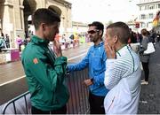 15 August 2014; Ireland's Robert Heffernan with Colin Griffin, left, and Paquillo Fernández, centre, after dropping out of the men's 50k walk final. European Athletics Championships 2014 - Day 4. Zurich, Switzerland. Picture credit: Stephen McCarthy / SPORTSFILE