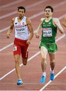 15 August 2014; Ireland's Mark English, right, on his way to winning bronze in the men's 800m event, with a season best time of 1:45.03. Also pictured is eventual second place Artur Kuciapski of Poland, left. European Athletics Championships 2014 - Day 4. Letzigrund Stadium, Zurich, Switzerland. Picture credit: Stephen McCarthy / SPORTSFILE