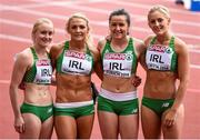 16 August 2014; The Ireland 4x100m women's relay team, from left, Amy Foster, Kelly Proper, Phil Healy and Sarah Lavin after they set a new national record time of 43.84 during their round 1 heat. European Athletics Championships 2014 - Day 5. Letzigrund Stadium, Zurich, Switzerland. Picture credit: Stephen McCarthy / SPORTSFILE