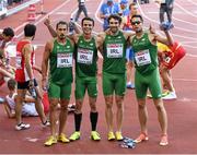16 August 2014; The Ireland 4x400m relay team, from left, Richard Morrissey, Thomas Barr, Brian Murphy and Brian Gregan who finished third in their qualifying heat and qualified for tomorrow's final, in a new national record time of 3:03.57. European Athletics Championships 2014 - Day 5. Letzigrund Stadium, Zurich, Switzerland. Picture credit: Stephen McCarthy / SPORTSFILE