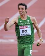 16 August 2014; Thomas Barr who ran the anchor leg for Ireland during their 4x400m qualifying heat celebrates finishing third and qualifying for tomorrow's final, in a new national record time of 3:03.57. The team also included Brian Gregan, Brian Murphy and Richard Morrissey. European Athletics Championships 2014 - Day 5. Letzigrund Stadium, Zurich, Switzerland. Picture credit: Stephen McCarthy / SPORTSFILE