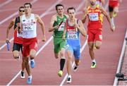 16 August 2014; Thomas Barr running the anchor leg for Ireland during their 4x400m qualifying heat. The team,  which finished third and qualified for tomorrow's final, in a new national record time of 3:03.57, also included Brian Gregan, Brian Murphy and Richard Morrissey. European Athletics Championships 2014 - Day 5. Letzigrund Stadium, Zurich, Switzerland. Picture credit: Stephen McCarthy / SPORTSFILE