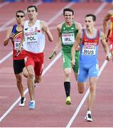 16 August 2014; Thomas Barr running the anchor leg for Ireland during their 4x400m qualifying heat. The team,  which finished third and qualified for tomorrow's final, in a new national record time of 3:03.57, also included Brian Gregan, Brian Murphy and Richard Morrissey. European Athletics Championships 2014 - Day 5. Letzigrund Stadium, Zurich, Switzerland. Picture credit: Stephen McCarthy / SPORTSFILE