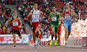 16 August 2014; Thomas Barr who ran the anchor leg for Ireland during their 4x400m qualifying heat crosses the finsih line to finish third and qualifying for tomorrow's final, in a new national record time of 3:03.57. The team also included Brian Gregan, Brian Murphy and Richard Morrissey. European Athletics Championships 2014 - Day 5. Letzigrund Stadium, Zurich, Switzerland. Picture credit: Stephen McCarthy / SPORTSFILE