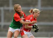 16 August 2014; Angela Walsh, Cork, in action against Sarah Rowe, Mayo. TG4 All-Ireland Ladies Football Senior Championship, Quarter-Final, Cork v Mayo, O'Connor Park, Tullamore, Co. Offaly. Picture credit: Piaras O Midheach / SPORTSFILE