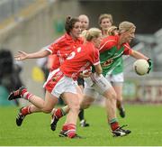 16 August 2014; Cora Staunton, Mayo, in action against Deidre Reilly, centre, and Ciara O'Sullivan, Cork. TG4 All-Ireland Ladies Football Senior Championship, Quarter-Final, Cork v Mayo, O'Connor Park, Tullamore, Co. Offaly. Picture credit: Piaras O Midheach / SPORTSFILE