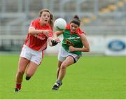 16 August 2014; Orlagh Farmer, Cork, in action against Amy Bell, Mayo. TG4 All-Ireland Ladies Football Senior Championship, Quarter-Final, Cork v Mayo, O'Connor Park, Tullamore, Co. Offaly. Picture credit: Piaras O Midheach / SPORTSFILE