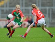 16 August 2014; Fiona McHale, Mayo, in action against Vera Foley, Cork. TG4 All-Ireland Ladies Football Senior Championship, Quarter-Final, Cork v Mayo, O'Connor Park, Tullamore, Co. Offaly. Picture credit: Piaras O Midheach / SPORTSFILE